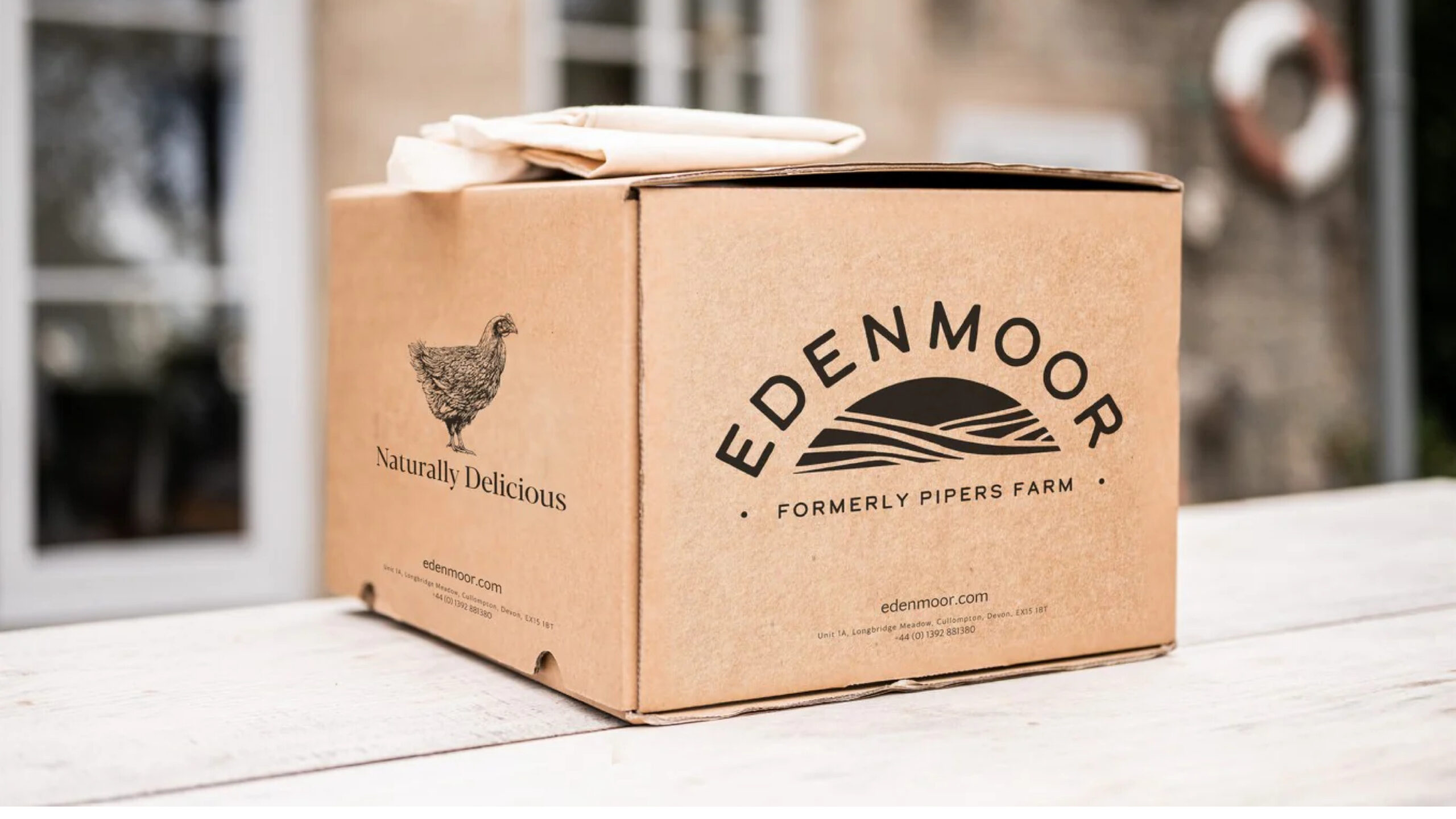 Edenmoor packaging with logo on box sitting on a table